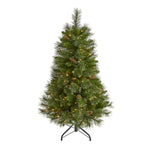 Nearly Natural 4` Golden Tip Washington Pine Artificial Christmas Tree with 100 Clear Lights, Pine Cones and 336 Bendable Branches