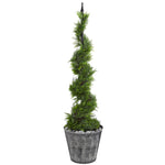 Nearly Natural T1193 53" Artificial Green Cypress Spiral Topiary Tree in Black Embossed Tin Planter