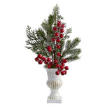 Nearly Natural 19``Iced Pine and Berries Artificial Arrangement in White Urn