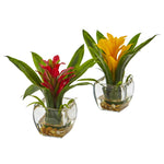 Nearly Natural 6898-S2 8"' Artificial Bromeliad with Vase Arrangement, Set of 2, Multicolor