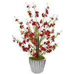 Nearly Natural A1265 24" Artificial Red Cherry Blossom Arrangement in White Vase with Silver Trimming