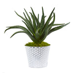 Nearly Natural 8895 14" Artificial Green Aloe Plant in White & Tin Embossed Planter