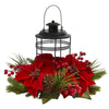 Nearly Natural 4267 13" Artificial Red Poinsettia Berry Pine Arrangement Candelabrum