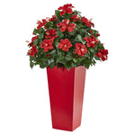 Nearly Natural 6445 3' Artificial Green & Red Hibiscus Plant in Red Planter