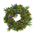 Nearly Natural 24`` Mixed Pine Artificial Christmas Wreath with 50 Multicolored LED Lights, Berries and Pine Cones