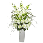 Nearly Natural 35`` Delphinium and Rose Artificial Arrangement in White Planter