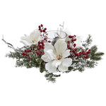 Nearly Natural 4188 6.5" Artificial Green & White Frosted Magnolia & Berry Arrangement Candelabrum
