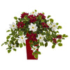 Nearly Natural 23`` Poinsettia and Variegated Holly Artificial Plant in Decorative Planter (Real Touch)