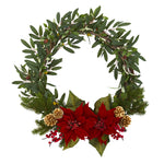 Nearly Natural 4397 21" Artificial Green & Red Olive with Poinsettia, Berry & Pine Wreath