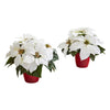 Nearly Natural P1254-S2 12" Artificial White Poinsettia Plant in Red Planter, Set of 2