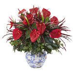 Nearly Natural P1042 26" Artificial Green & Red Mixed Anthurium Plant in Vintage Floral Planter