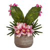 Nearly Natural 18`` Cymbidium Orchid and Cactus Artificial Arrangement in Stoneware Vase