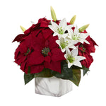 Nearly Natural 1573 Poinsettia & Lily Artificial Arrangement in Marble Vase
