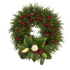 Nearly Natural 20`` Cedar, Berries and Magnolia Artificial Christmas Wreath