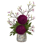 Nearly Natural A1208 27" Artificial Green & Purple Magnolia & Mum Arrangement in Floral Design Vase