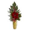 Nearly Natural 32``Poinsettia, Berries, Pine and Pinecone Artificial Arrangement in Gold Vase