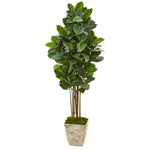 Nearly Natural T1031 63" Artificial Green Rubber Leaf Tree in Country White Planter