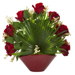 Nearly Natural 1789 Rose & Fan Leaf Artificial Arrangement in Burgundy Vase