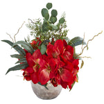 Nearly Natural Amaryllis and Eucalyptus Artificial Arrangement in Silver Vase