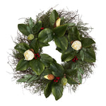 Nearly Natural 20`` Cedar, Ruscus and Magnolia with Berries Artificial Wreath