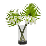 Nearly Natural Calla Lily and Fan Palm Artificial Arrangement in Cylinder Glass