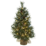 Nearly Natural 5444 3' Artificial Green Christmas Tree with Clear Lights, Frosted Tips, Pine Cones & Burlap Bag