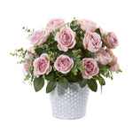 Nearly Natural 16`` Rose and Eucalyptus Artificial Arrangement in Tin Vase