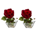 Nearly Natural 1285-S2  Rose w/Square Vase Silk Flower Arrangement (Set of 2)