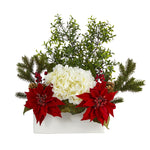 Nearly Natural 22`` Poinsettia, Hydrangea and Boxwood Artificial Arrangement in White Vase