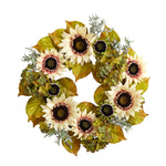 Nearly Natural W1243 24`` White Sunflower and Hydrangea Artificial Autumn Wreath