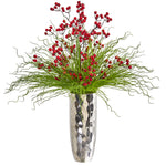 Nearly Natural 1966 31" Artificial Green & Red Berry & Grass Arrangement in Silver Vase