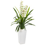 Nearly Natural 9640 4.5' Artificial Green & White Cymbidium Orchid Plant in White Tower Planter