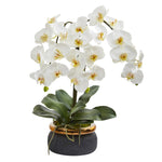 Nearly Natural A1354 18" Artificial White Triple Phalaenopsis Orchid Arrangement in Black Vase with Bronze Rim