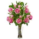Nearly Natural 1911 26" Artificial Green & Pink Rose Arrangement in Glass Vase