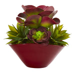 Nearly Natural P1264 11" Artificial Green & Red Mixed Succulent Plant in Burgundy Planter