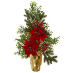 Nearly Natural A1136 25" Artificial Green & Red Poinsettia, Boxwood & Pine Arrangement in Gold Vase