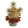Nearly Natural A1323 22" Artificial Golden Peony & Peacock Feather Arrangement in Bowl with Gold Trimming