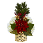 Nearly Natural 18`` Hydrangea, Poinsettia, Berry and Pine Artificial Arrangement in Gold Vase