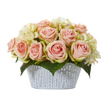 Nearly Natural A1112 9" Artificial Pink Rose & Hydrangea Arrangement in Decorative Vase