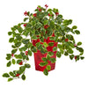 Nearly Natural 8653 23" Artificial Green Real Touch Variegated Holly with Berries Plant in Red Planter