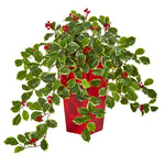 Nearly Natural 8653 23" Artificial Green Real Touch Variegated Holly with Berries Plant in Red Planter