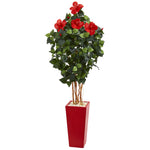 Nearly Natural 5781 5.5' Artificial Green & Red Hibiscus Tree in Red Tower Planter