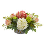 Nearly Natural A1170 16.5" Artificial Rose, Hydrangea & Maiden Hair Arrangement in Bowl with Gold Trimming, Multicolor