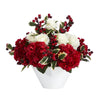 Nearly Natural 17`` Rose, Hydrangea and Holly Berry Artificial Arrangement in White Vase