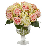 Nearly Natural 1850 Pink & Cream Rose & Hydrangea Artificial Arrangement in Royal Glass Urn