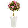 Nearly Natural 9297 4' Artificial Green & Pink Azalea Topiary Tree in White Tower Planter