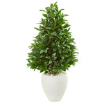 Nearly Natural 9359 44" Artificial Green Bay Leaf Cone Topiary Tree in White Planter, UV Resistant (Indoor/Outdoor)