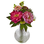 Nearly Natural 4584 14" Artificial Peony & Mum in Glass Vase, Multicolor