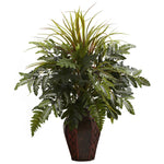 Nearly Natural 6754 29" Artificial Green Mixed Grass & Fern with Decorative Planter