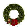 Nearly Natural 18`` Tea Leaf, Poinsettia and Pine Artificial Wreath